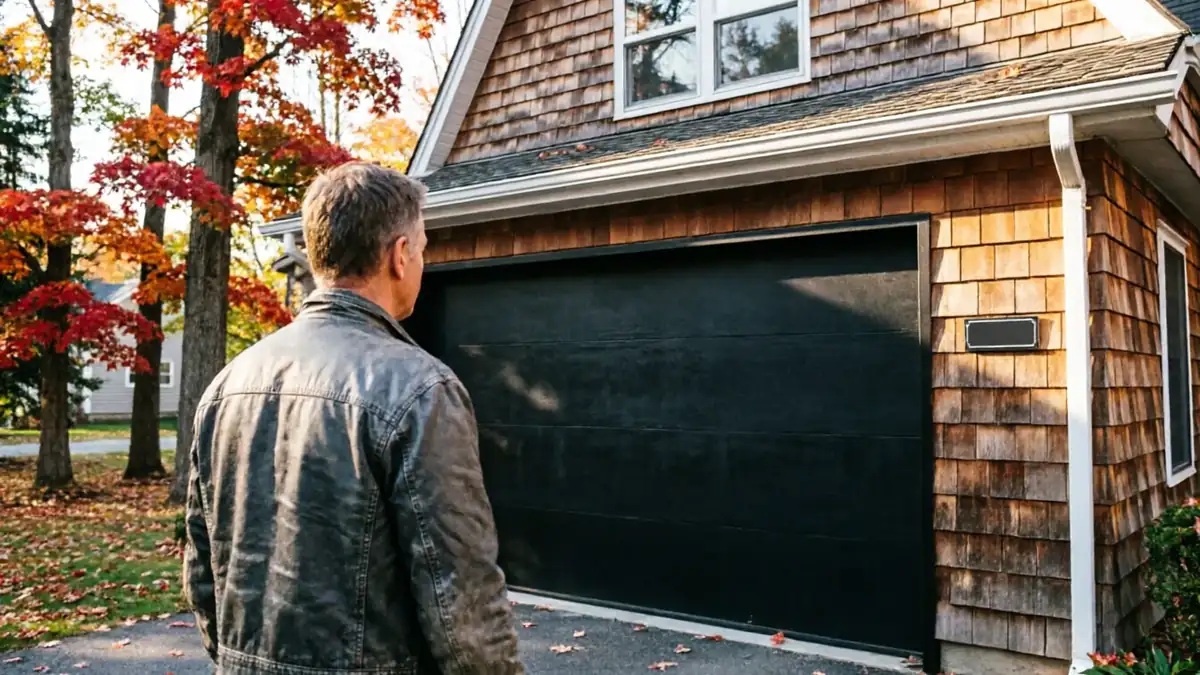 A man stands facing a black garage door on a house with wood shingles.