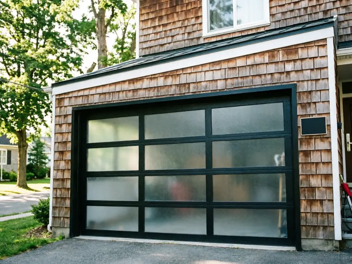 The house has a modern black garage door with frosted glass panels.