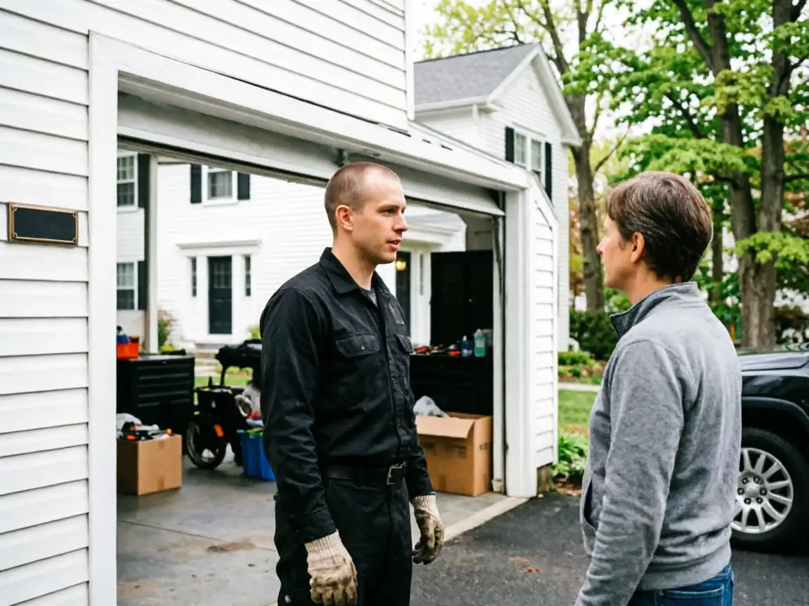 A technician in a black uniform talks to a person in a gray sweatshirt.