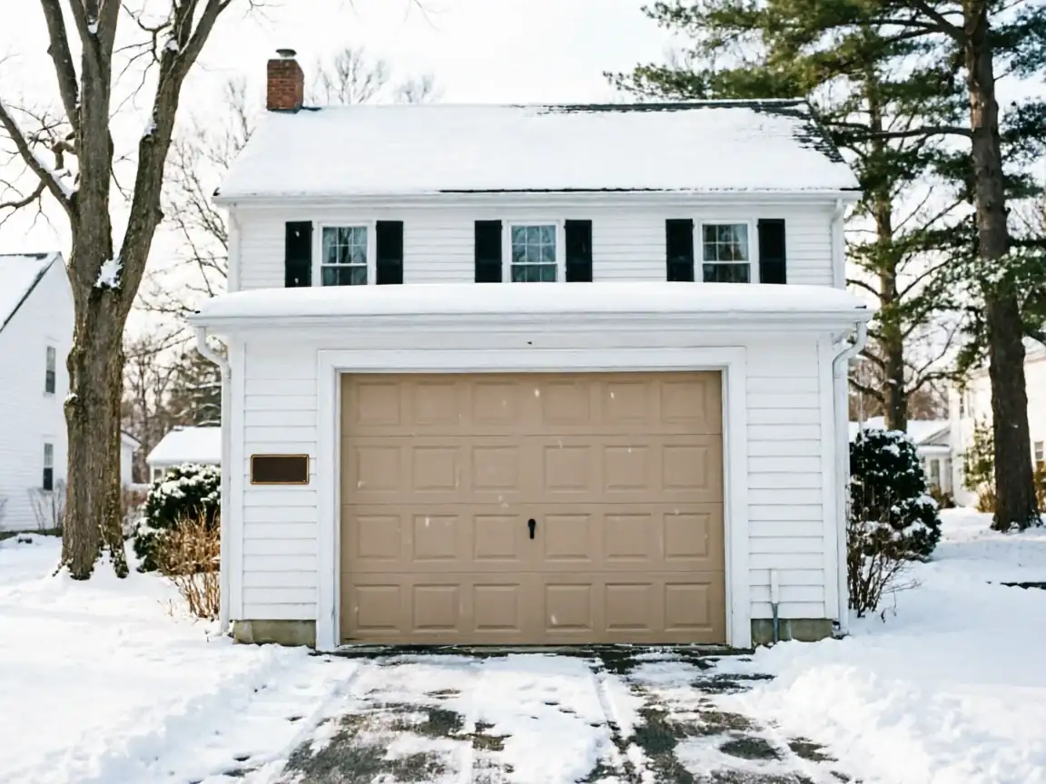 A white house with a tan garage door and black shutters is covered in snow.