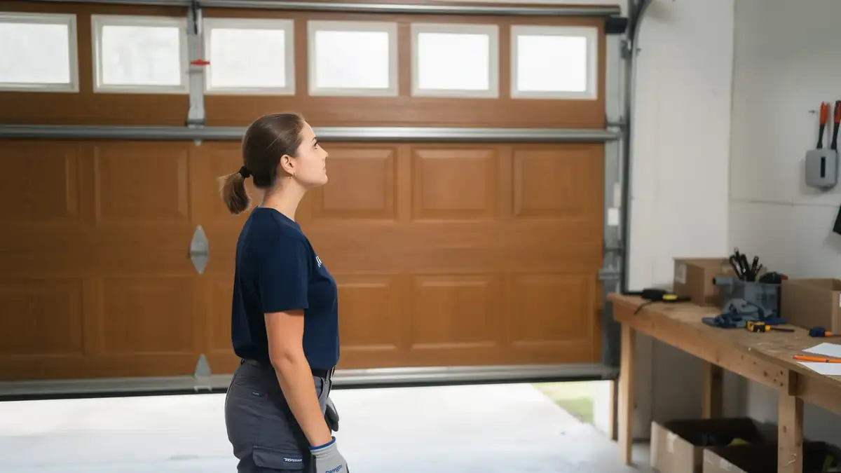 A technician in a blue shirt looks up at a closed brown garage door.