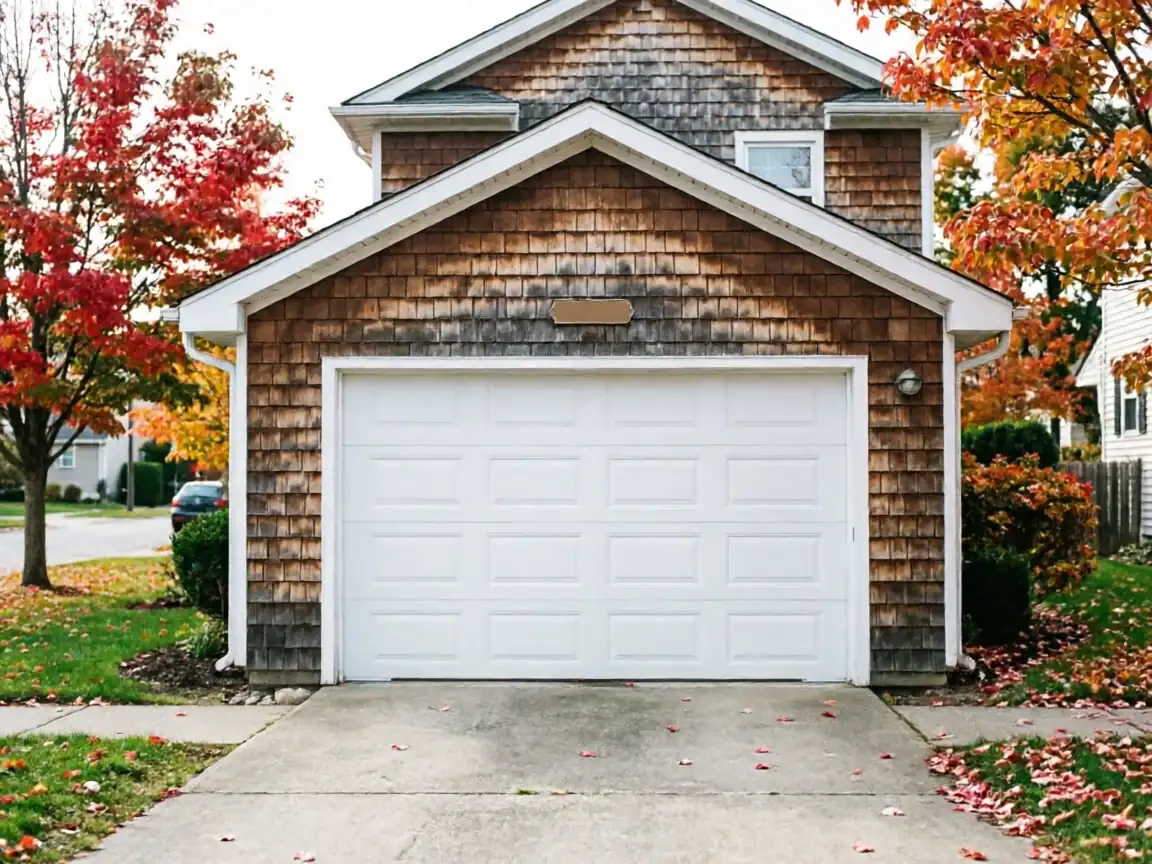 A white paneled garage door is on a house with wood shingle siding.