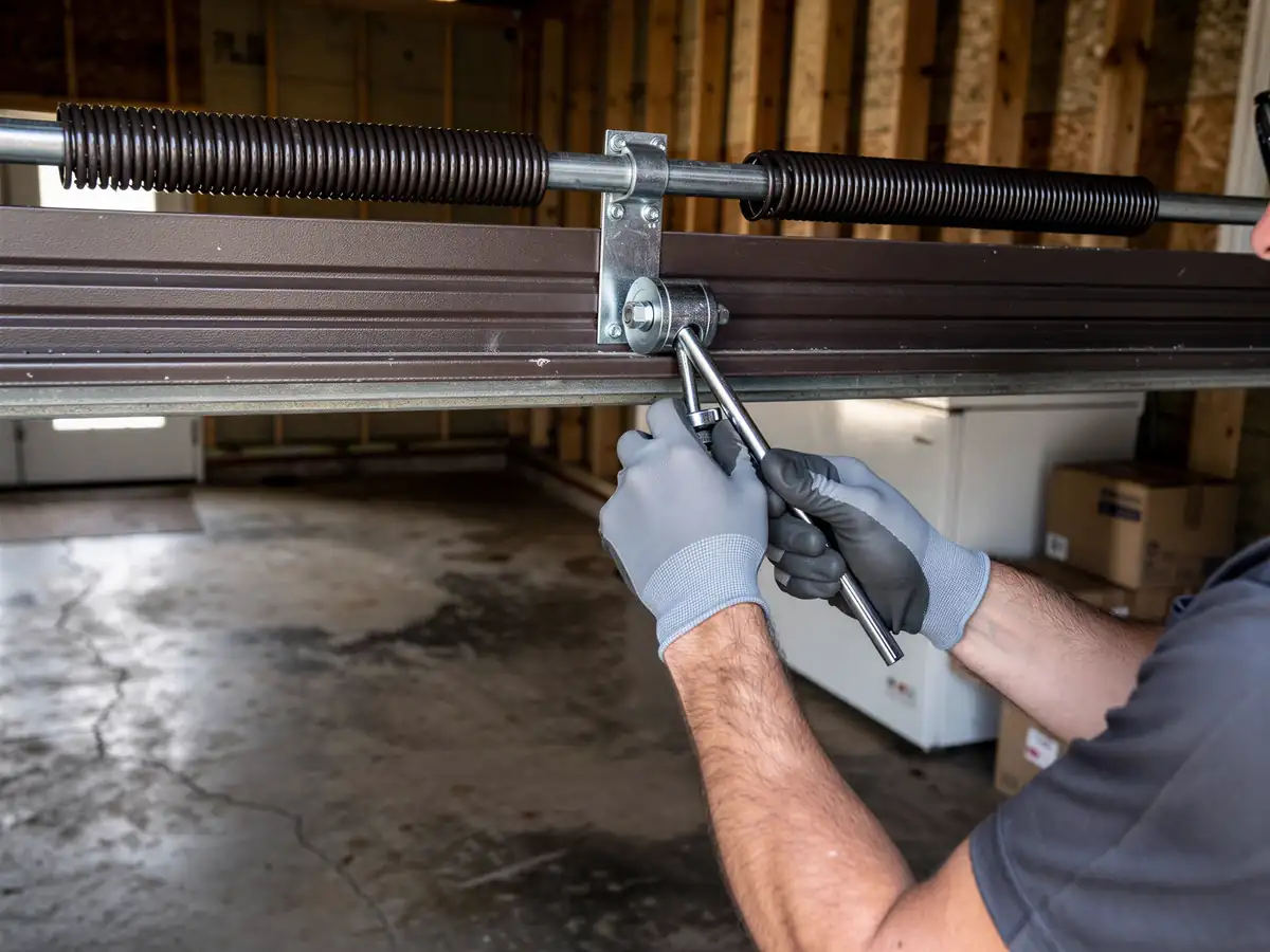 A technician adjusts a garage door torsion spring with two metal bars.